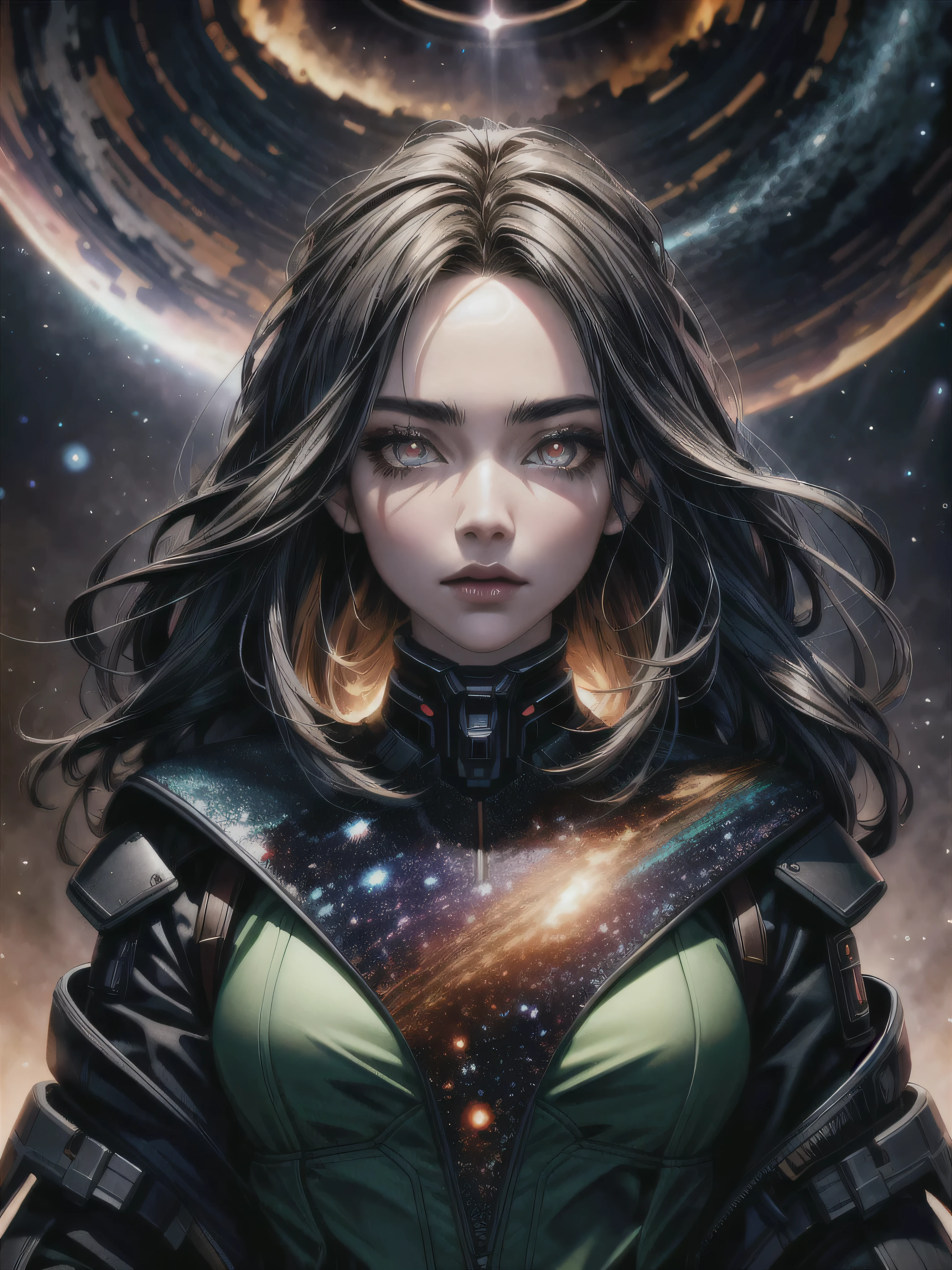 detailed portrait of a beautiful galactic girl, long dark hair, glowing eyes, galaxy in her eyes, surrounded by a swirling blackhole, dramatic lighting, cinematic, highly detailed, intricate, 8K, hyper-realistic, photorealistic, masterpiece, octane render, unreal engine, cinematic lighting, dramatic atmosphere