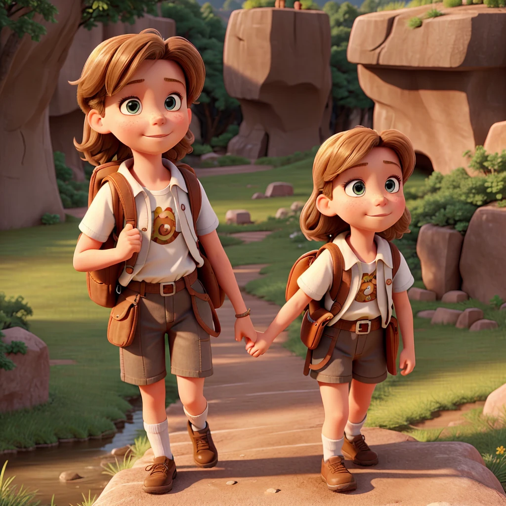 6 year old blond girl and her brown-haired father, Carrying a backpack,Climbing along the mountain trail at dawn.