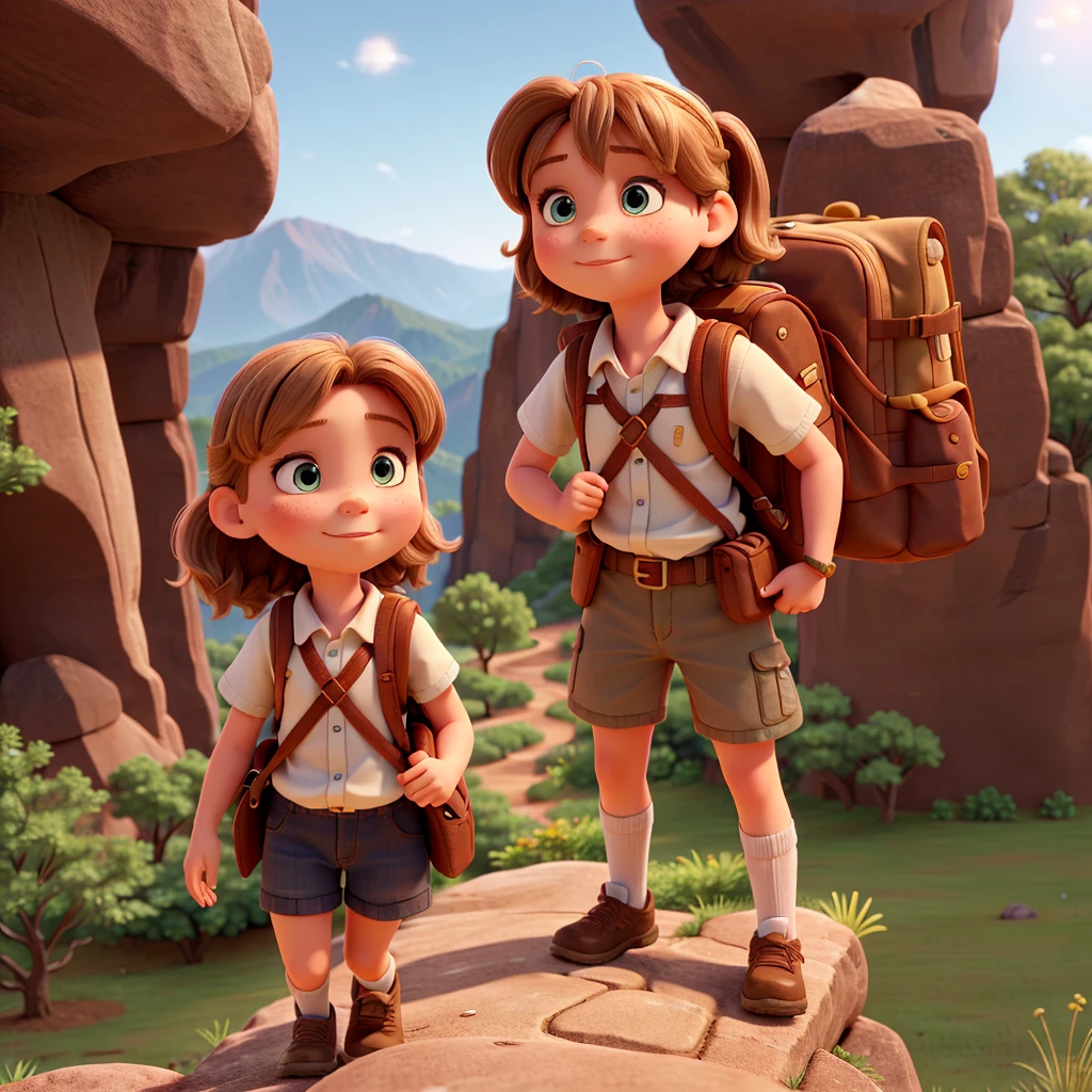 6 year old blond girl and her brown-haired father, Carrying a backpack，Climbing along the mountain trail at dawn.