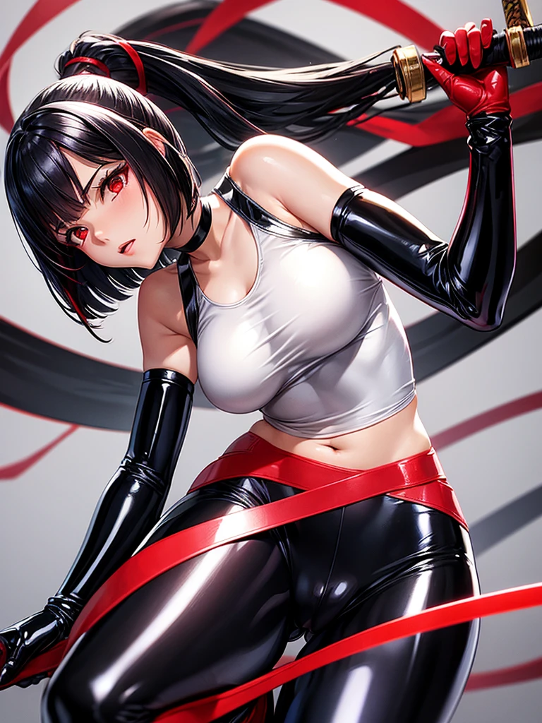 solo girl,Glossy metalic light silver tank top, tight latex shiny, Red interpolation color,Black hair bob,red eyes, camel toe, Samurai Sword,
Lift one leg, sexy lady,