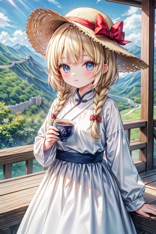 masterpiece, highest quality, High resolution, 11-year-old girl、blue eyes、
blonde、Braiding、White Dress、Straw hat、China、In front of the Great Wall