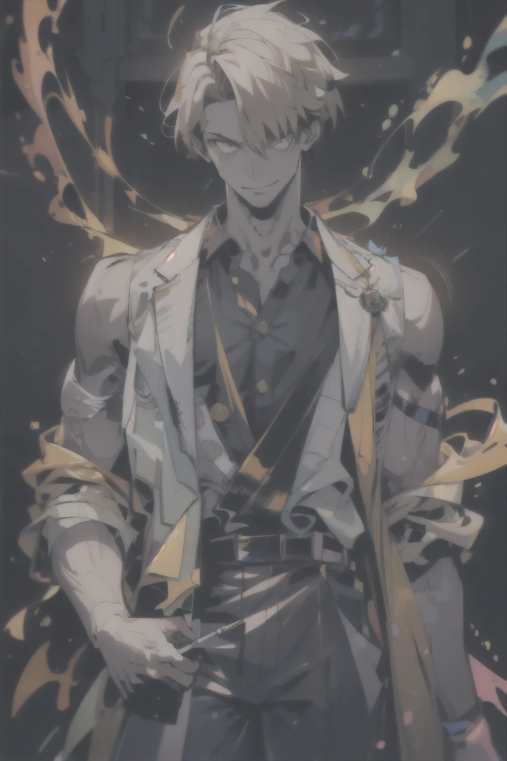 1boy, 25 year old man, thin male, thin shoulders, (holding a cigarette), blonde hair, yellow eyes, veste de costume noire, chemise jaune à boutons, cravate noire, full yellow classy outfit work man (including buttoned shirt), (style1.2:classy, modern, work), arrogant attitude, mocking smile, face lighting, best quality, 8k, 4k, uhd, High quality fanart, Sanji, fanart officiel, [digital art], Rui Fanart, beau mec dans l'art du tueur de démons, dans un style anime, made with anime painter studio, hadesstyle, Jen zee character hades