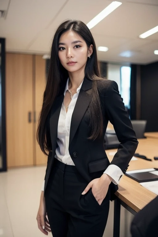 Thai woman, facing front, long hair, business suit, office interior