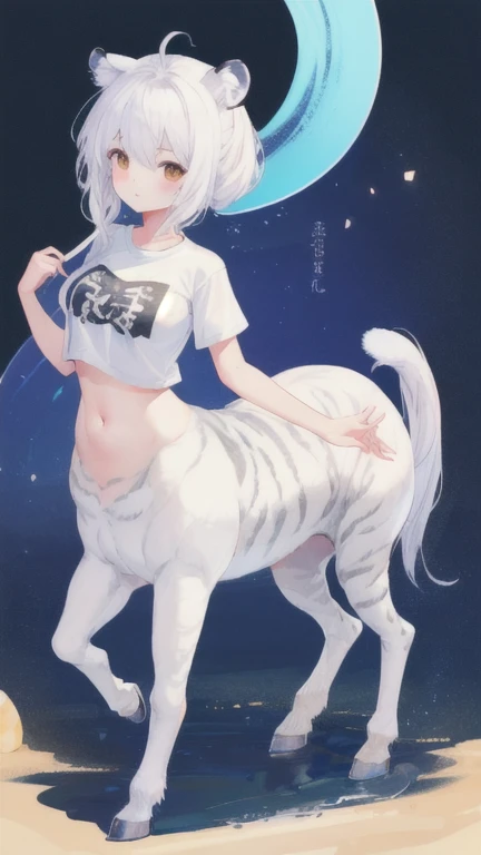 (best quality, masterpiece), 1 girl, centaur, It takes, charming, belly button t-shirt, 아름다운 소녀 perfect white tiger photo, perfect white tiger photo