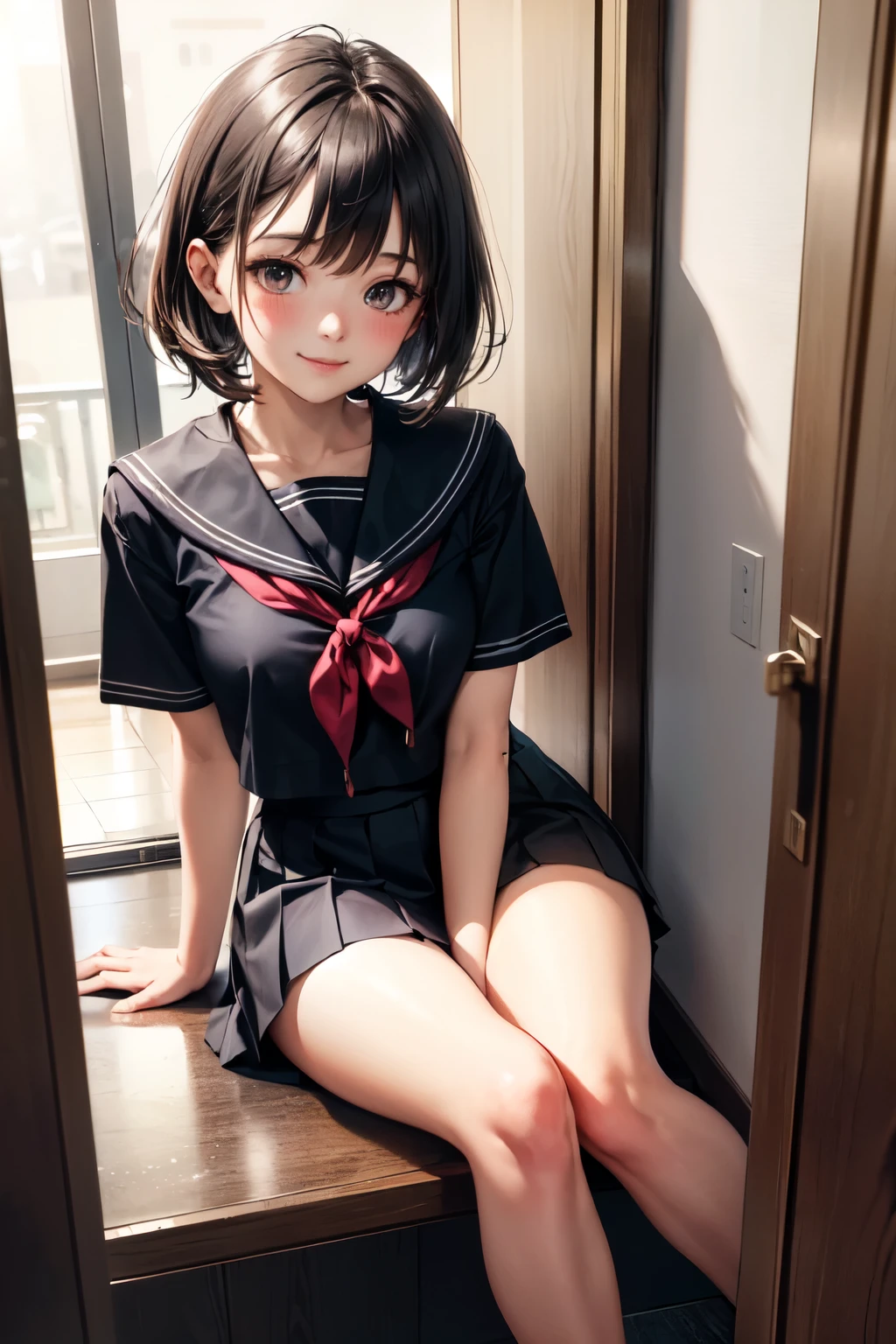 very cute and beautiful girl,(highly detailed beautiful face), (smile:1.2),blush,shy,looking at viewer,serafuku,pleated navy blue mini skirt, black hair,sitting on sofa near elevator hall of small hostel,bag on floor, (best quality,masterpiece),absurdres,highres,ultra-detailed,extremely detailed,32k,8k resolution, intricate details,cinematic scene,detailed background,solo,dynamic angle,