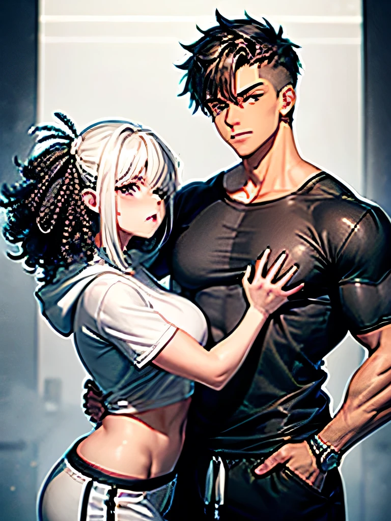 A boy and a girl, lovers hugging eachother, one happy  girl with long snow white hair, big violet eyes, plump cheeks, a sharp jaw,an eight pack, luscious lips, a muscularly lean short body with defined legs and arms, big nicely shaped breasts, a slim waist, wearing a big baggy black hoodie and white shorts and one 17 year old big muscularly lean body with huge pronators and strong shoulders, messy curly black hair, sharp red eyes, a sharp face and most stitches on the sides of his mouth seemingly holding his upper and lower jaw, wearing a black T-shirt and black sweatpants.