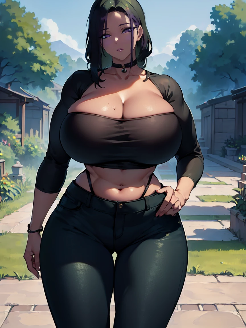 (Uhd, Masterpiece, Textured Skin, Super Detail, High Details, High Quality, Best Quality), 1woman, mature pretty woman, ((Thicc body, wide hips, thick thighs)), Green slime hair, (Crop black top), (black Jeans), (Adventure clothing), (Huge Body:1.5), Tall:1.5, (choker:1.5),