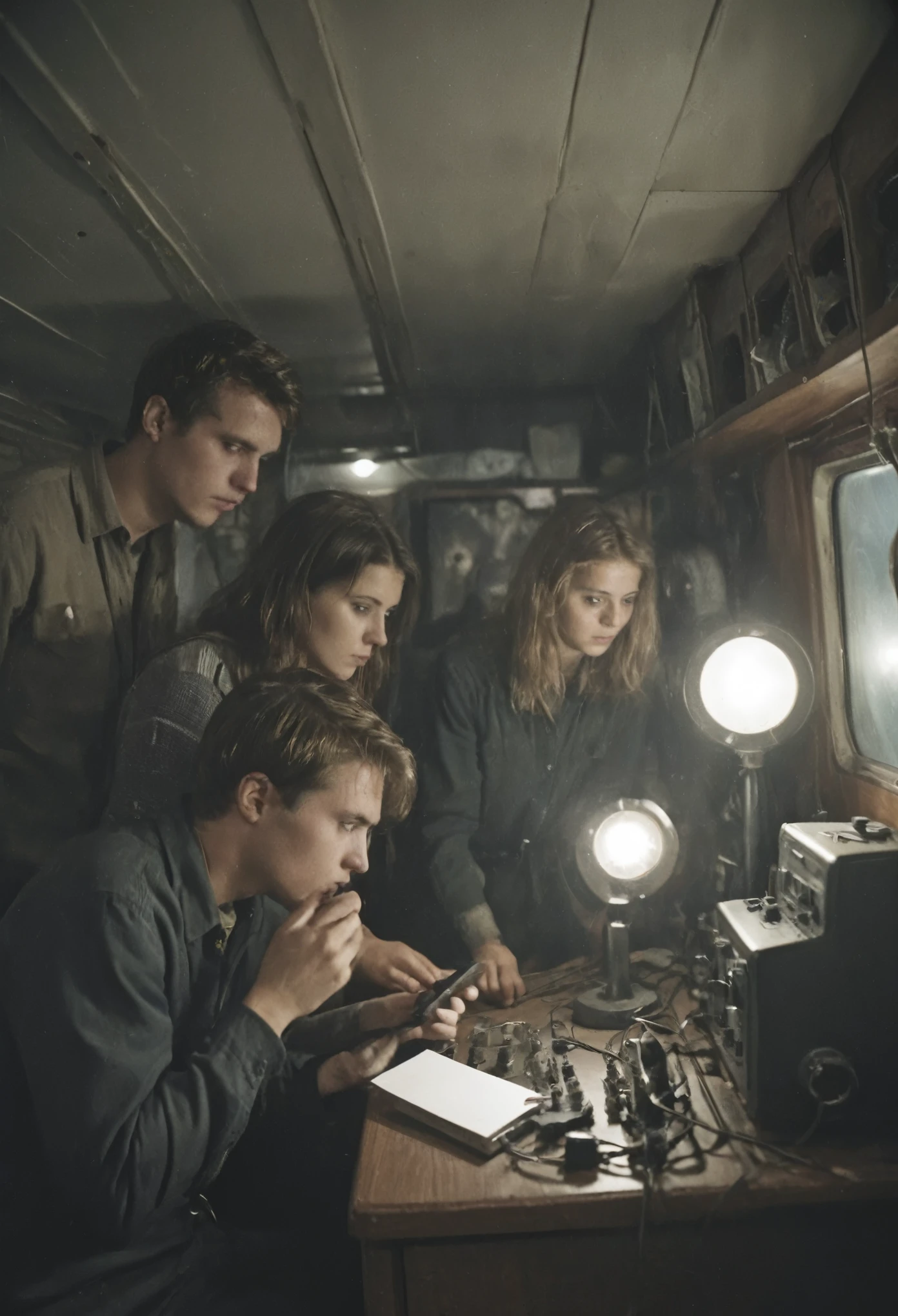 side-view, perspective, grainy, polaroid, 35mm vintage, scary, horror-movie, 4 young adults operating ham-radio, transmitter and receiver inside ship cabin, cabin