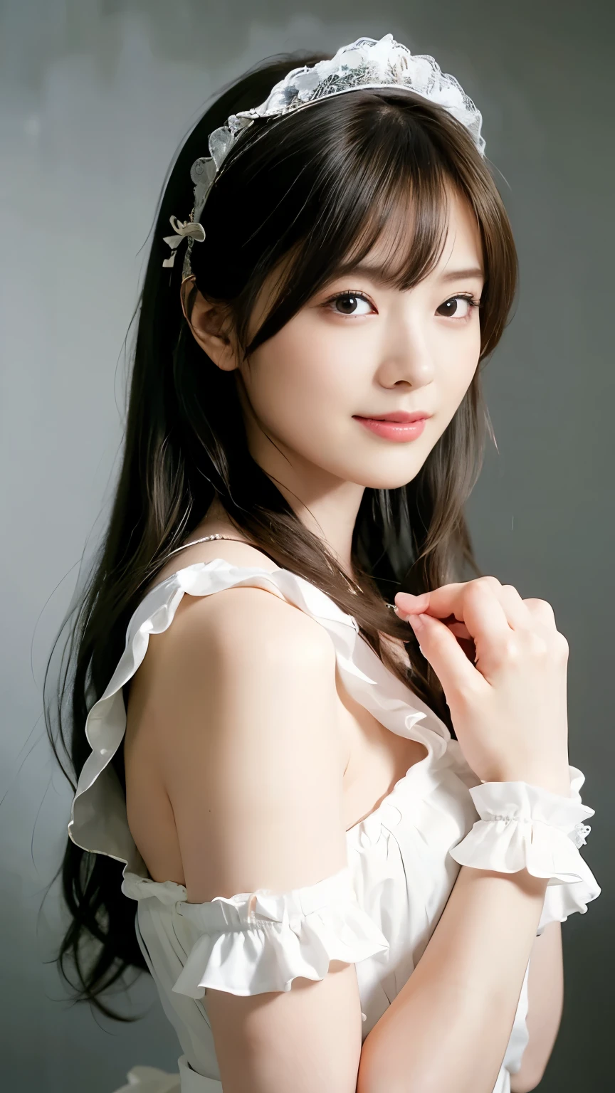 1 Nogizaka Musume、very cute、beautiful girl、19 years old、(Gothic Fashion)、Beautiful Face, Exquisite eye and skin detail、Fine, shiny black hair、Elegant frills、Frilled tie、Ribbon tie、Rose Hair Accessories、(Smiling for the camera)、(Cowboy Shot)、(European Seas)、Professional Lighting、break、(Realistic、Photorealistic:1.37)、8k、(masterpiece)、(highest quality:1.4)、(Ultra-high resolution:1.2)、 (RAW Photos:1.2)、(Delicate lace、Soft fabric、beautiful rose pattern dress)、Perfect Anatomy、Four fingers and a thumb、Seaside Background、(Wallpaper by Unity 8k)
