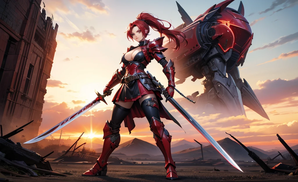red-haired beauty knight,Short ponytail,Chest,cleavage,black tights,Red sci-fi armor,Long skirt,iron boots,Great sword,Doomsday City(masterpiece, best quality, high quality, High resolution, Extremely detailed),