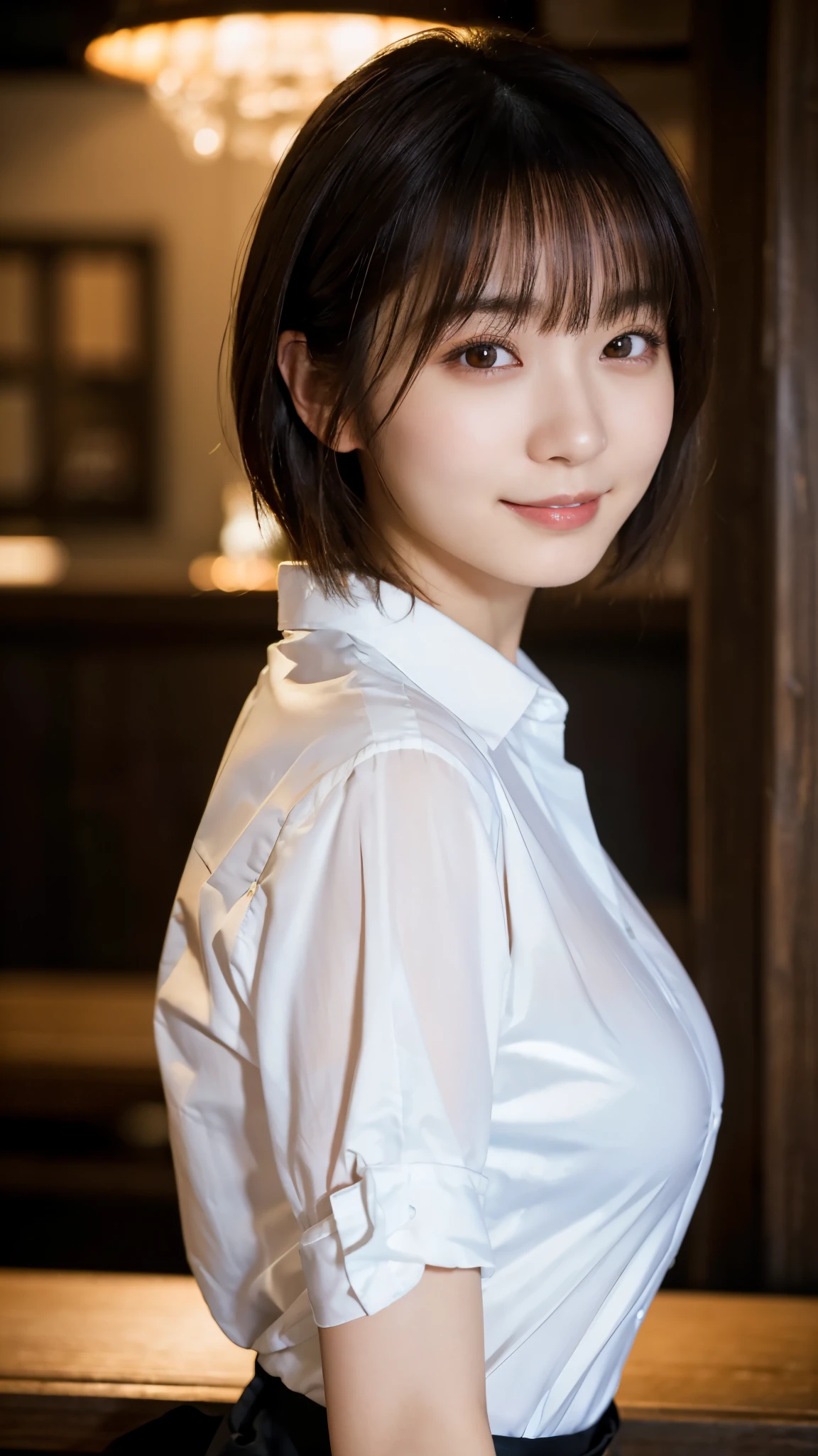 (highest quality,masterpiece:1.3,Ultra-high resolution),(Super detailed,Caustics,8k), (Photorealistic:1.4, RAW shooting),darkness,Dark studio,Japanese,20-year-old,smile,Natural Makeup,Natural brown short hair,(White shirt),Big Breasts,Rim Light,Waist up shot