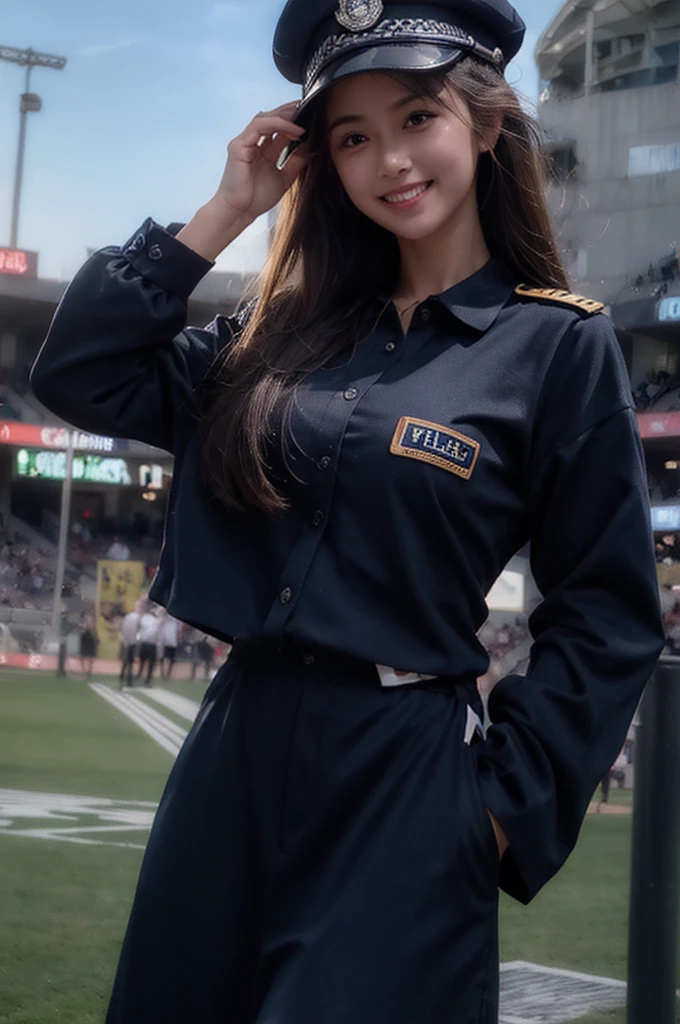 Wearing a police uniform, navy blue color, brghtest smile, photorealistic
