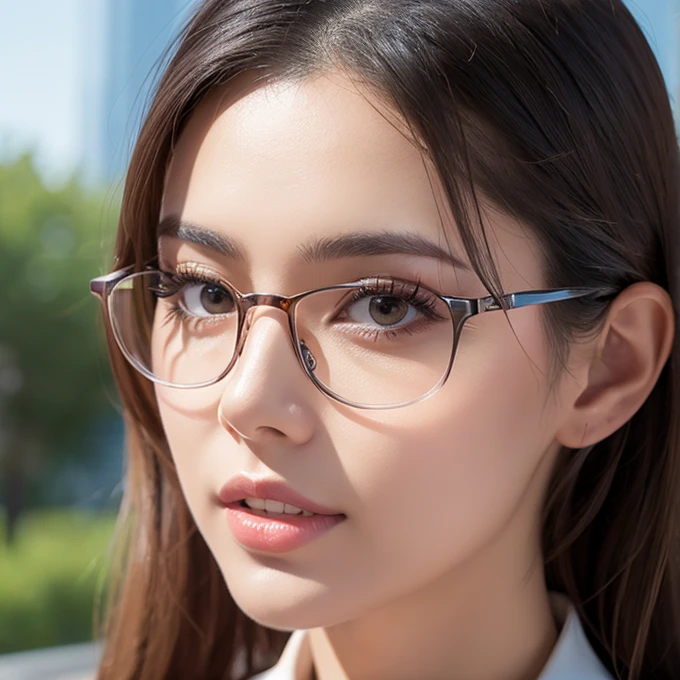 Create a realistic image of a woman wearing clear glasses