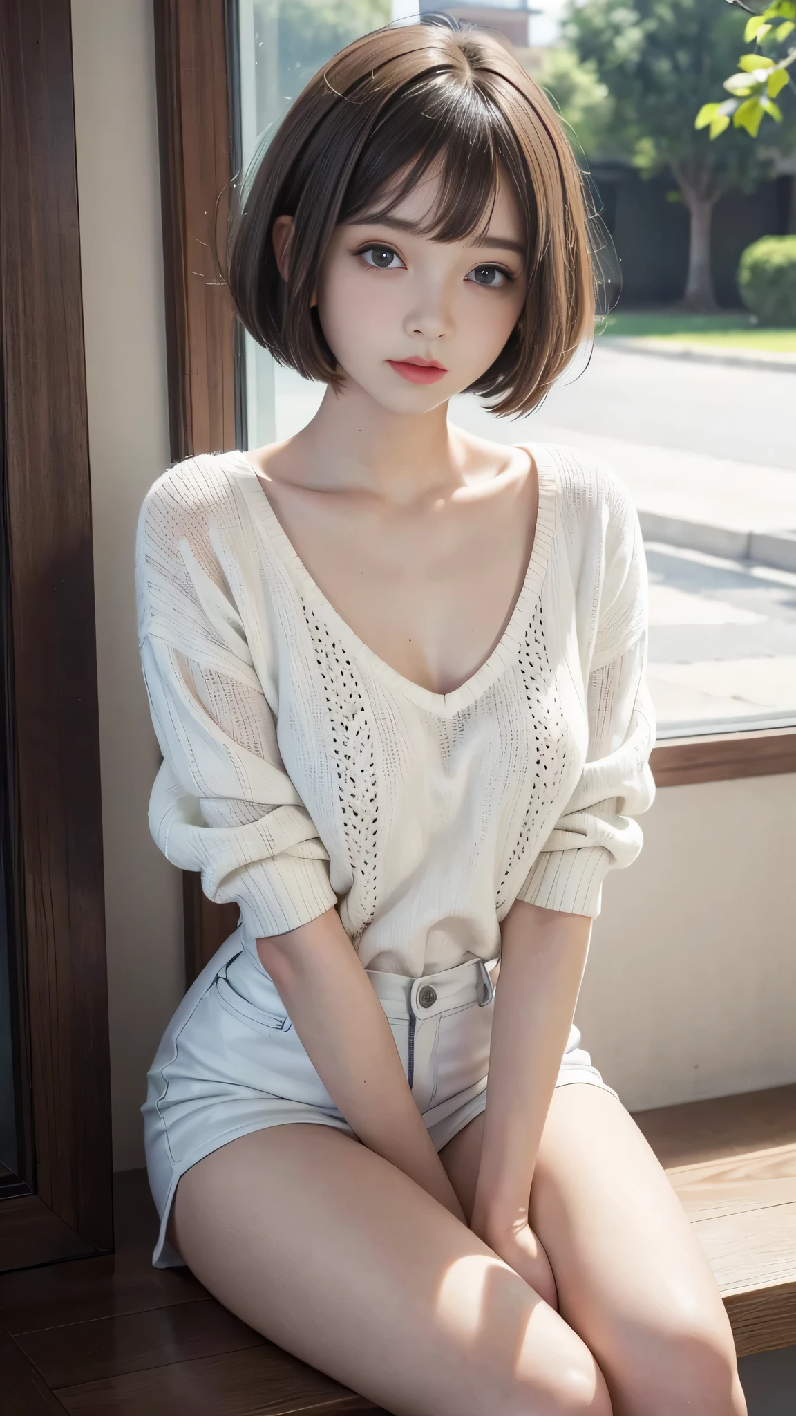 Short hair and white Summer knitwear, Summer knitwear, short hair, short hair with bangs, girl with a cute face, Portrait cute beautiful face, French Bob, White skin!!, Short brown hair and big eyes, Soft Portrait Shot 8k, Beautiful light、Big eyes, Beautiful girl, Young girl with bob cut, Best image quality, masterpiece, Leonardo da Vinci's Notebooks Da Vinci, Leonardo da Vinci's manuscript in the background