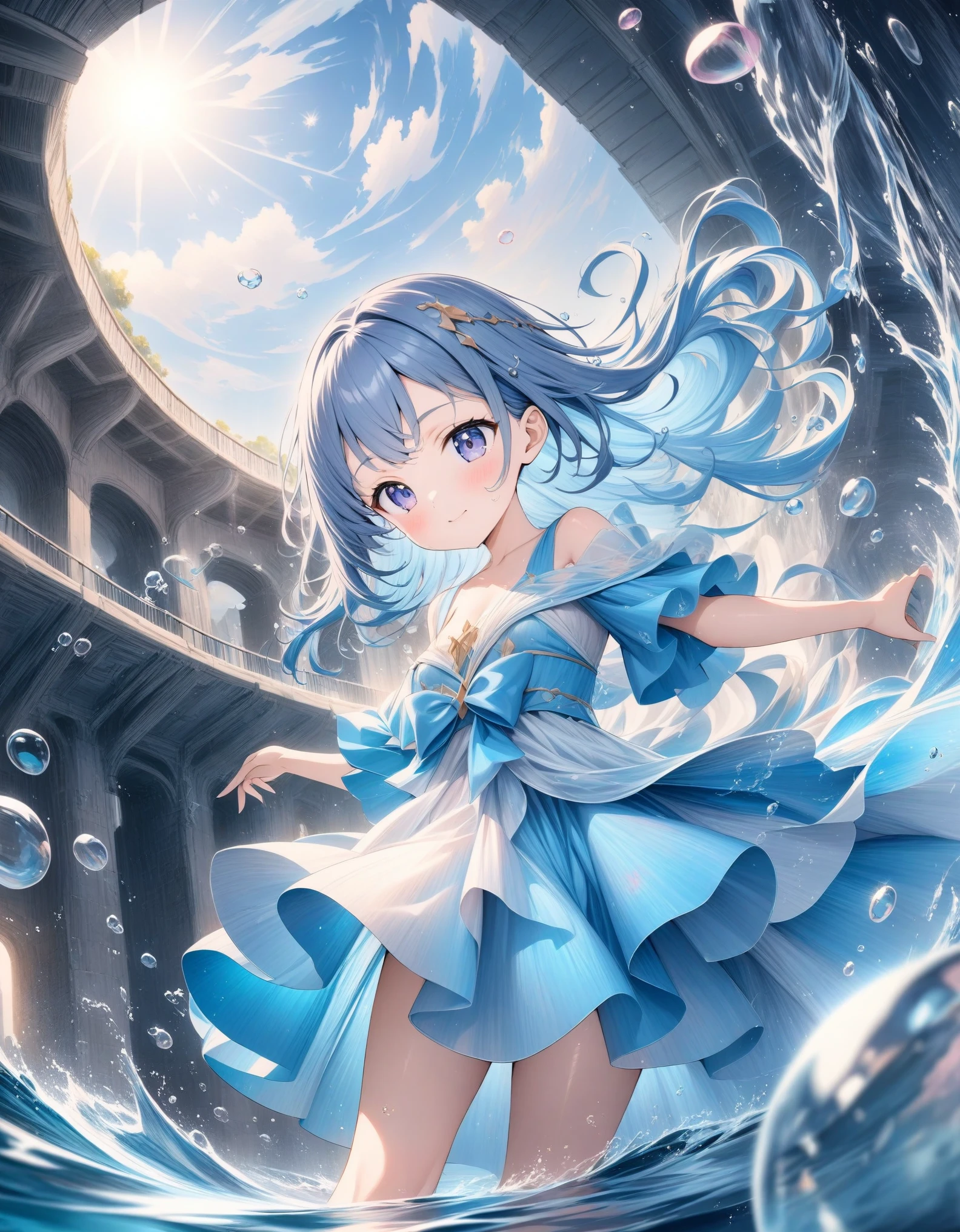 ((style:Colored pencil,pale colour)),(anime)、(masterpiece:1.2),atmospheric perspective,lens flare、Water powerhouse、Water Princess、Otherworldly fantasy、cute、Bubbles swirling around、Blue costume with a water theme、Light effects、Bubble effect、Blue Hair Color、Clean-cut features