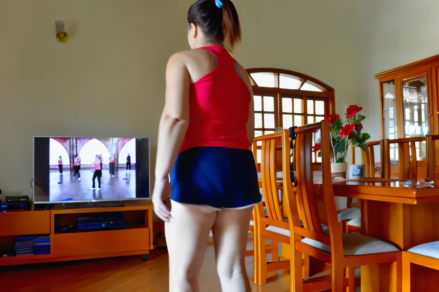 there is a woman standing in a living room with a television, wearing red shorts, in shorts, rear-shot, back - shot, from the back, back shot, backview, from back, sport bra and dark blue shorts, view from the back, backshot, facing away from camera, back pose, long shot from the back, toned derriere