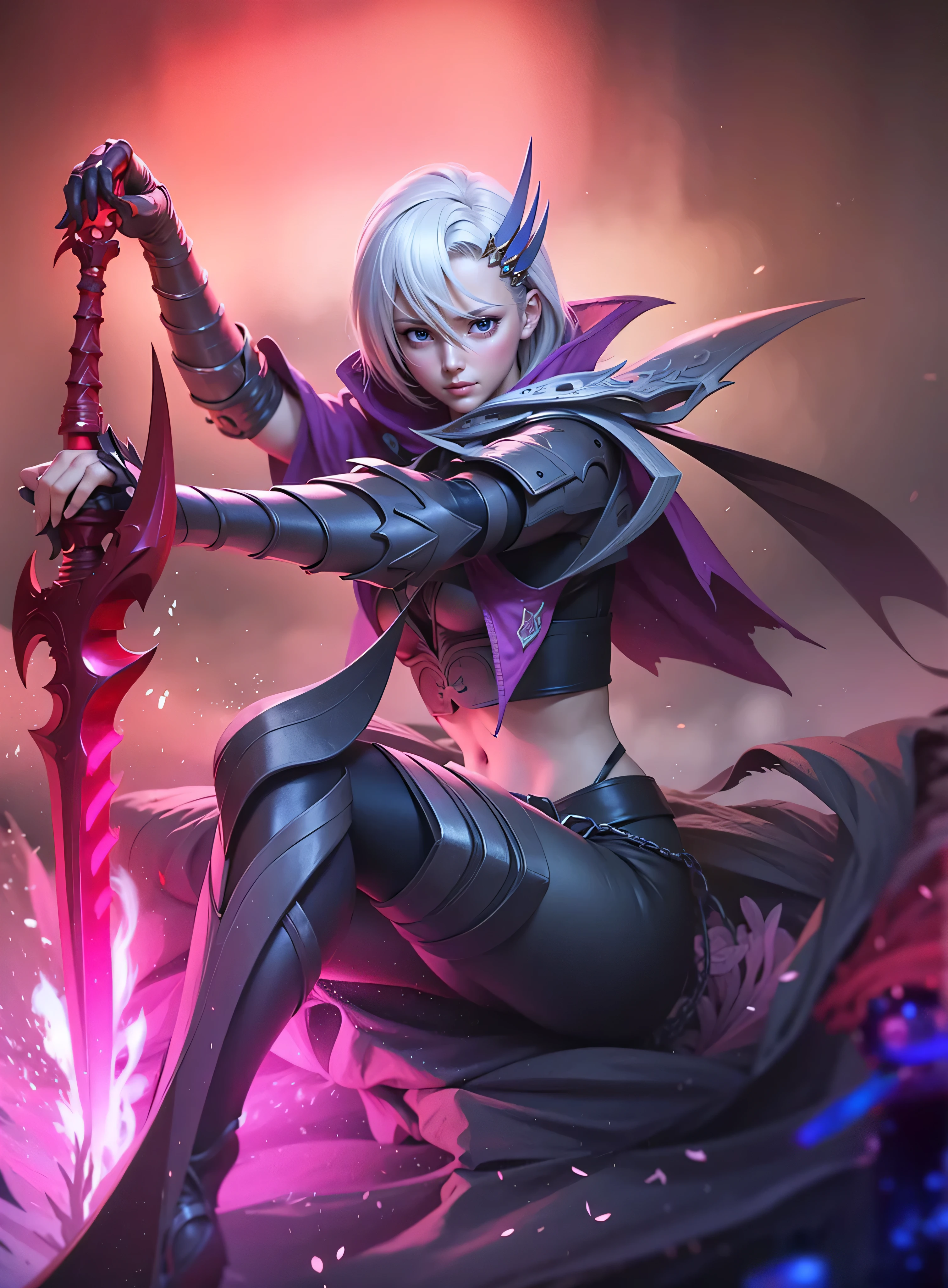 Realistic Anime style, (detailed face 8k) (detailed hair 8k) (detailed clothes 8k) serious face, red cloak, grey hair, 8K, HDR sharpen.