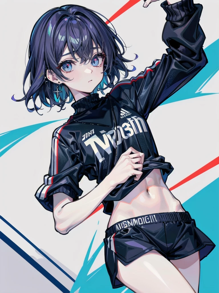 whole body, volleyball Jersey, shorts, midriff, absurdres, RAW photo, extremely delicate and beautiful, masterpiece, Best Quality, ultra high resolution, 32k, hyperrealistic, ultra-detailed, perfect figure, perfect shape, detailed description, pale skin, 20 years old, detailed beautiful face and eyes, tearful mole, earring, short medium hair, wavy hair,