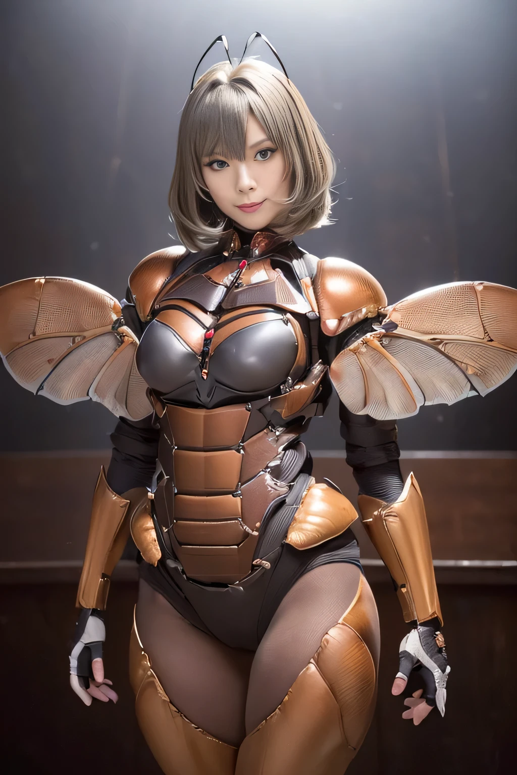 (high resolution,masterpiece,best quality,extremely detailed CG, anime, official art:1.4), realistic, photo, amazing fine details, all intricate, gloss and shiny,awesome many layers, 8k wall paper, 3d, sketch, kawaii, illustration,( solo:1.4), perfect female proportion,villainess, (fusion of dark brown cockroach and lady:1.4), (brown cockroach form lady:1.2), (brown cockroach lady:1.2), (fusion:1.2), (solo:1.4), (evil smile:1.2), muscular, abs, (cockroach brown exoskeleton bio insect suit:1.4), (cockroach brown exoskeleton bio insect armor:1.2), (brown transparency cockroach wing:1.4), (brown cockroach antennae:1.3),