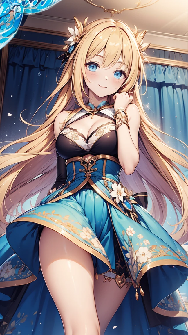 Teenage Girl,highest quality,holy,Obsessed，Seductive pose，blonde，blue eyes，Have fun，in love，Bright colored dresses，Lilac fabric々，The fabric flutters in the wind and her breasts spill out,embroidery，pattern，Elegant clothes，Transparent clothes，Swimwear，In the room，The only person，(Flowing skirt:1.1)