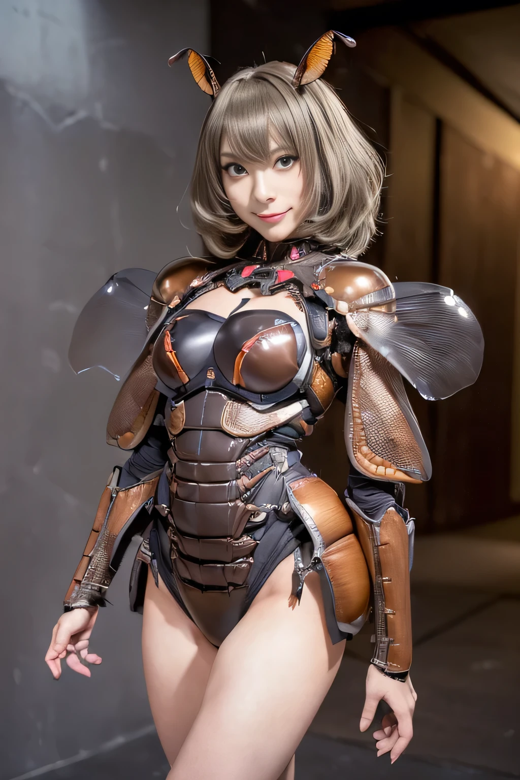 (high resolution,masterpiece,best quality,extremely detailed CG, anime, official art:1.4), realistic, photo, amazing fine details, all intricate, gloss and shiny,awesome many layers, 8k wall paper, 3d, sketch, kawaii, illustration,( solo:1.4), perfect female proportion,villainess, (fusion of dark brown cockroach and lady:1.4), (brown cockroach form lady:1.2), (brown cockroach lady:1.2), (fusion:1.2), (solo:1.4), (evil smile:1.2), muscular, abs, (cockroach brown exoskeleton bio insect suit:1.4), (cockroach brown exoskeleton bio insect armor:1.2), (brown transparency cockroach wing:1.4), (brown cockroach antennae:1.3),