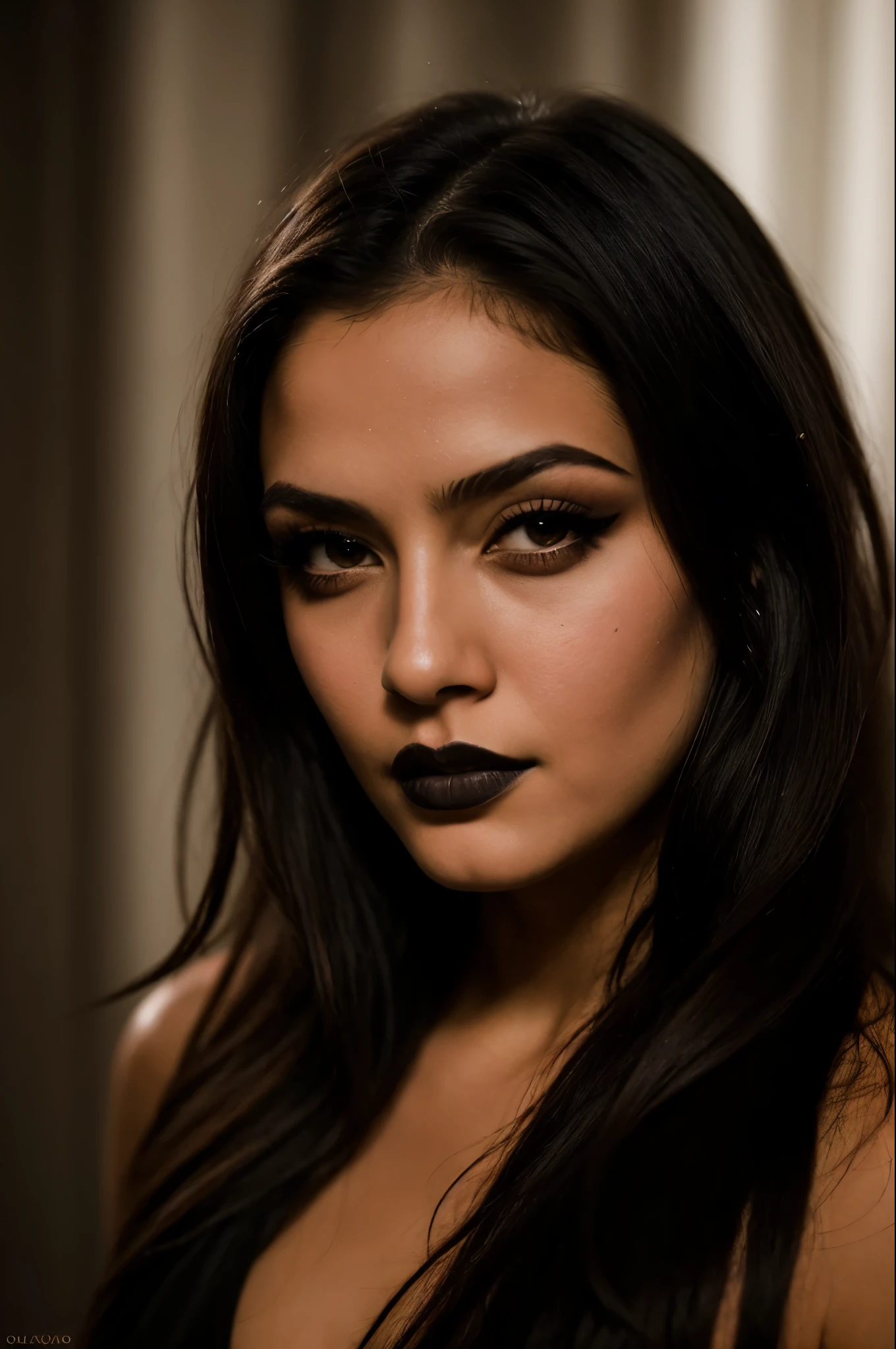 fechar-se, glamorous photograph of a random goth girl, Arco de cupido bem definido, queixo quadrado, angular features, sobrancelhas arqueadas, smokey eye makeup, escuro, mascara, delineador, Bochechas contornadas, poros da pele, pele brilhante, granulado, Chiaroscuro lighting, estilo de falha