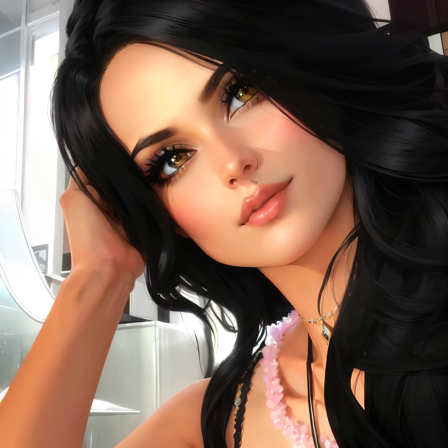 Da ist eine Frau mit einer Perlenkette und einer Perlenkette, Avatar aus zweitem Leben, imvu, sinnlicher Ausdruck, zweites Leben, Glamour-Profil-Pose, inspiriert von Dulah Marie Evans, black-hair pretty face, daz. Detaillierte, black hair and big eyes, Close-up of half body, pretty face!!, Glamour-Pose, with very highly Detaillierte face