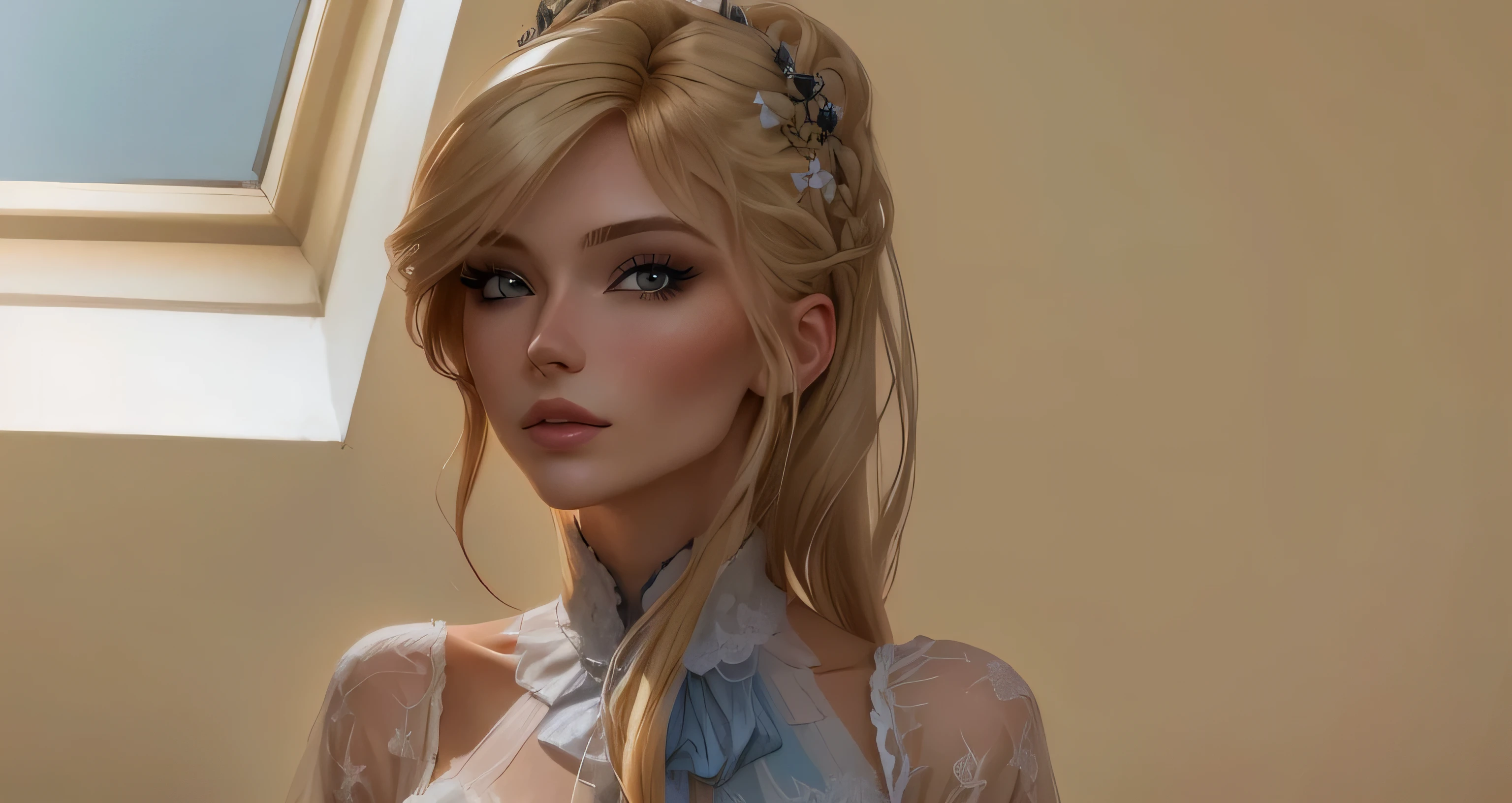 Da ist eine Frau mit langen blonden Haaren und einer Halskette, Glamour-Profil-Pose, Avatar aus zweitem Leben, Close-up of half body, , Charakter Nahaufnahme,