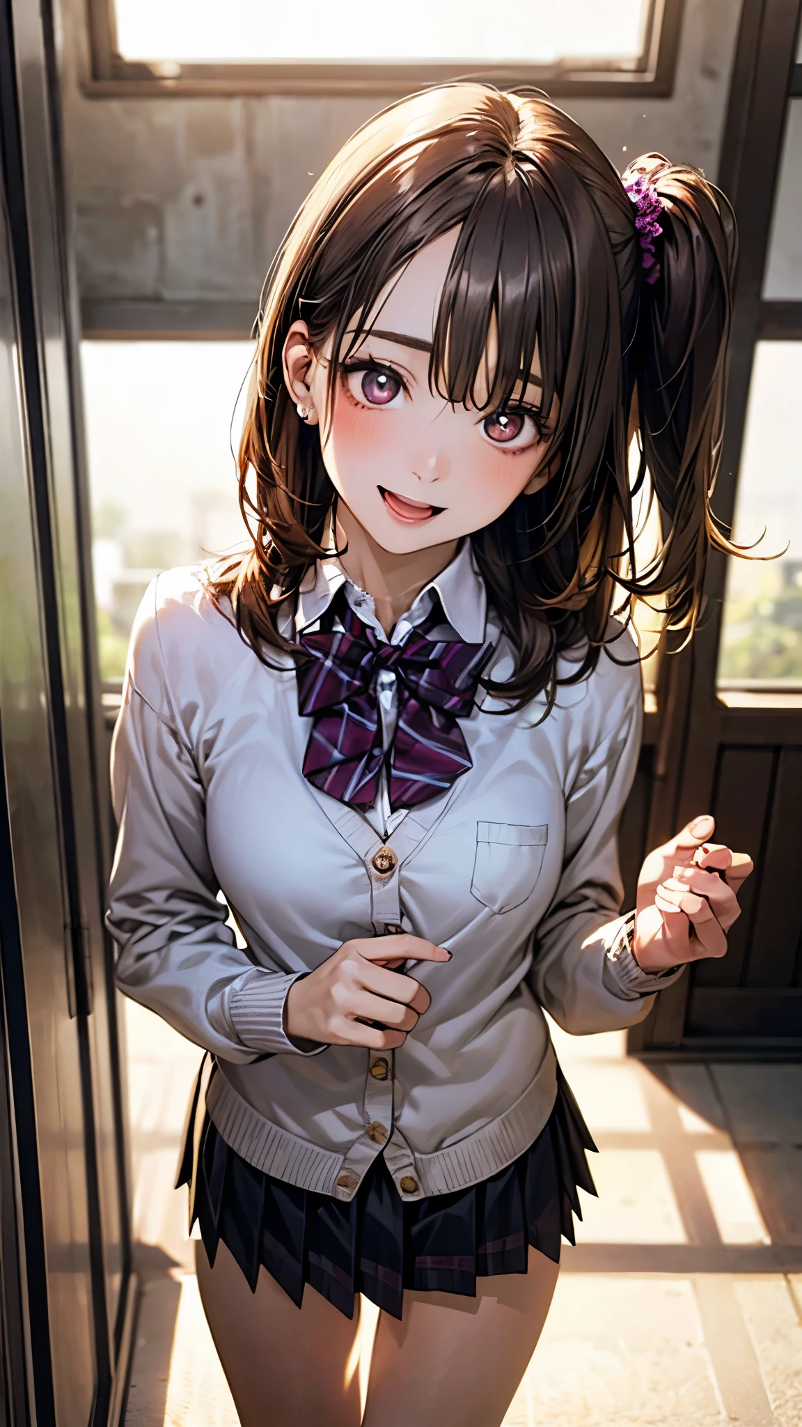 (masterpiece:1.2, top-quality), (realistic, photorealistic:1.4), beautiful illustration, (natural side lighting, movie lighting),
looking at viewer, cowboy shot, (from below), 1 girl, japanese, high school girl, perfect face, cute and symmetrical face, suntan, shiny skin,
(middle hair), ((two side up:1.2)), (light brown hair), hair between eyes, blunt bangs, big eyes, slant eyes, (gold eyes), long eye lasher, (medium breasts),
beautiful hair, beautiful face, beautiful detailed eyes, beautiful clavicle, beautiful body, beautiful chest, beautiful thigh, beautiful legs, beautiful fingers,
(white collared shirts, purple pleated skirt), (light blue cardigan)), dark red bowtie,
(beautiful scenery), (school hallway:1.2), (head tilt), (lovely smile, upper eyes, open mouth),