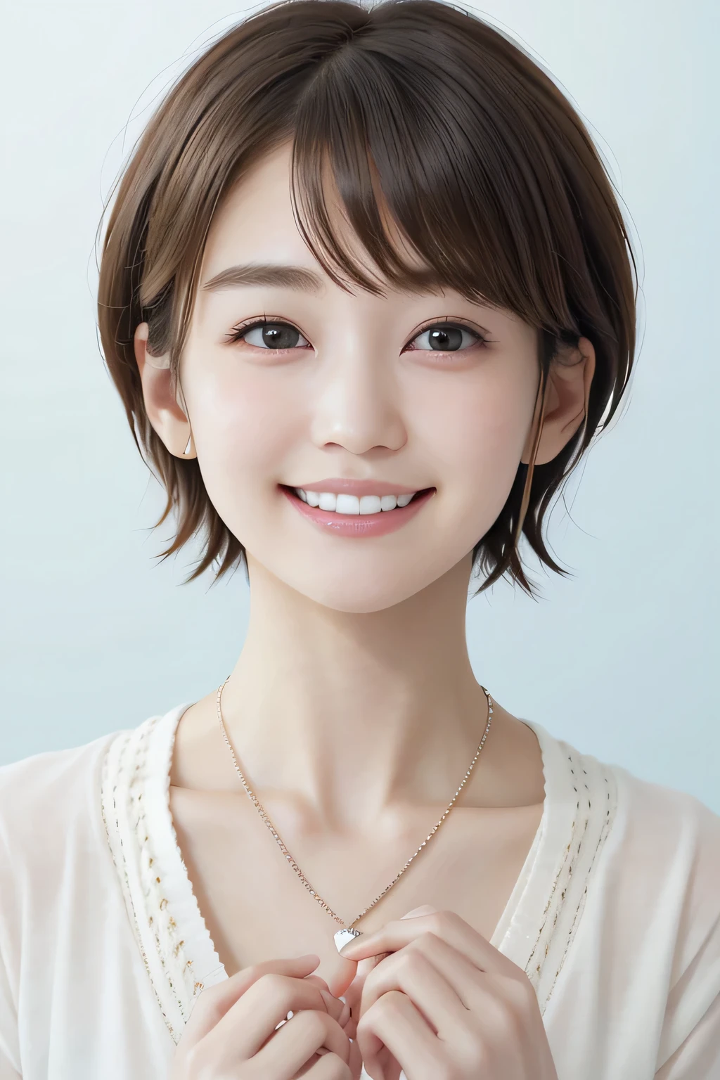 205 ((short hair)), 20-year-old female, In underwear、cardigan、Open your mouth、smile、Beautiful teeth alignment、Black Hair、ear piercing、Necklace around the neck、Looking into the camera, Waiting for the start