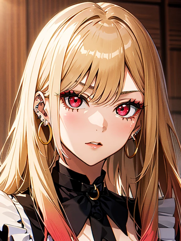 kitagawa marin, 1girl, blonde hair, long hair, multicolored hair, red eyes, jewelry, earrings, piercing, black choker, Maid、UHD, retina, masterpiece, anatomically correct, textured skin, high details, best quality,