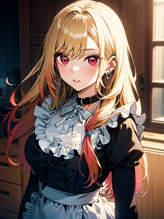 kitagawa marin, 1girl, blonde hair, long hair, multicolored hair, red eyes, jewelry, earrings, piercing, black choker, Maid、UHD, retina, masterpiece, anatomically correct, textured skin, high details, best quality,
