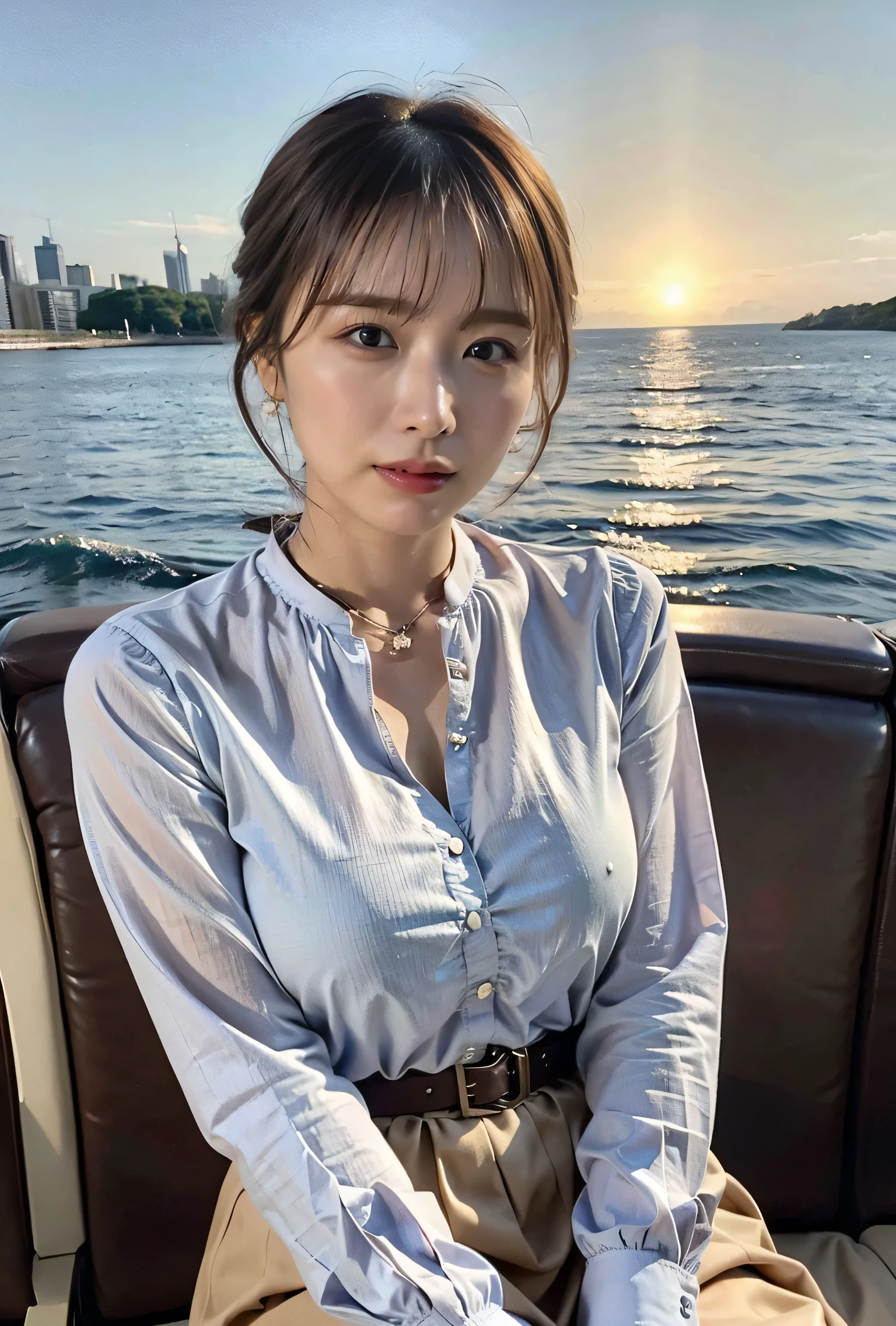Blue-eyed woman、A woman with a cute upward gaze、When the sky turns dark、The sky turns reddish due to sunset、Tight clothing that shows your body line、The collar of his shirt is open obscenely、Gorgeous white collared silk shirt and brown skirt、Luxurious genuine leather belt、Dress elegantly着こなす、Luxury Bags、、((short hair:1.4))、Skyscrapers seen across the sea、Manhattan Island is visible offshore、A woman on a pleasure boat、Side Ponytail、The sun shines on her、No sleeve、Light brown hair、Light brown hair、The sky was dyed red、There are clouds、It's cute、A woman in elegant clothing is sitting on a boat and watching the sunset、Her huge breasts are obvious even through her clothes.、The shining sun is so beautiful、Dusk is coming、Lens flare、I can see the sun setting、((Sunlight reflecting off the ocean、Ocean View、The sun shines on the sea、'beautiful.、Small earrings、It'evening、Birds are also flying、、Brown Hair Color、Tie your hair、The woman is on the right:1.4))、Luxury Leather Belts、Shiny clothes、Light beige hair color、Background Blur、Braid only the front hair、Light brown hair、{{Cowgirl Shot}}、((Close-up shot from the waist up、Big Breasts:1.4))、Big Breasts、Smile、Silk clothing、Big Breasts that can be seen even through clothes、Braid only the front hair、Cowboy Shot、Gorgeous white collared silk shirt and brown skirt、Dress elegantly、Luxury Bags、A lovely smile、((airplane in the background、I'Coming to the airport))、Full body photo、ring、Short skirt、Tuck your hair behind one ear、Silver Necklace、smile、 Elegant ponytail、Caustics、Highly detailed photos、Very beautiful and ideal short hair、Big Breasts、Super no makeup、(8k、RAW Photos、highest quality、masterpiece:1.2)、(Realistic、Realistic)、1 girl、((Big Breastsshort hair、Looking into the camera:1.4))、Hair blowing in the wind