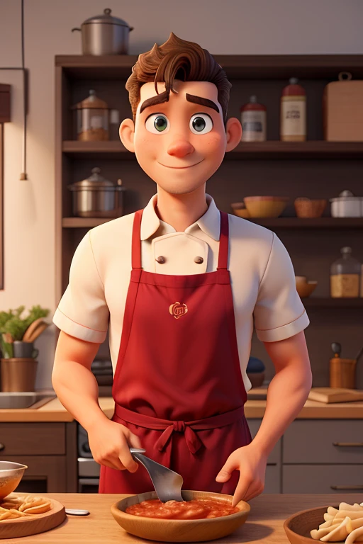 Homem ,chef de cozinha ((melhor qualidade)), rosto perfeito, ,olhos castanhos ,cabelo preto ,38 anos em uma cozinha,pelo morena ,making pasta with tomato sauce