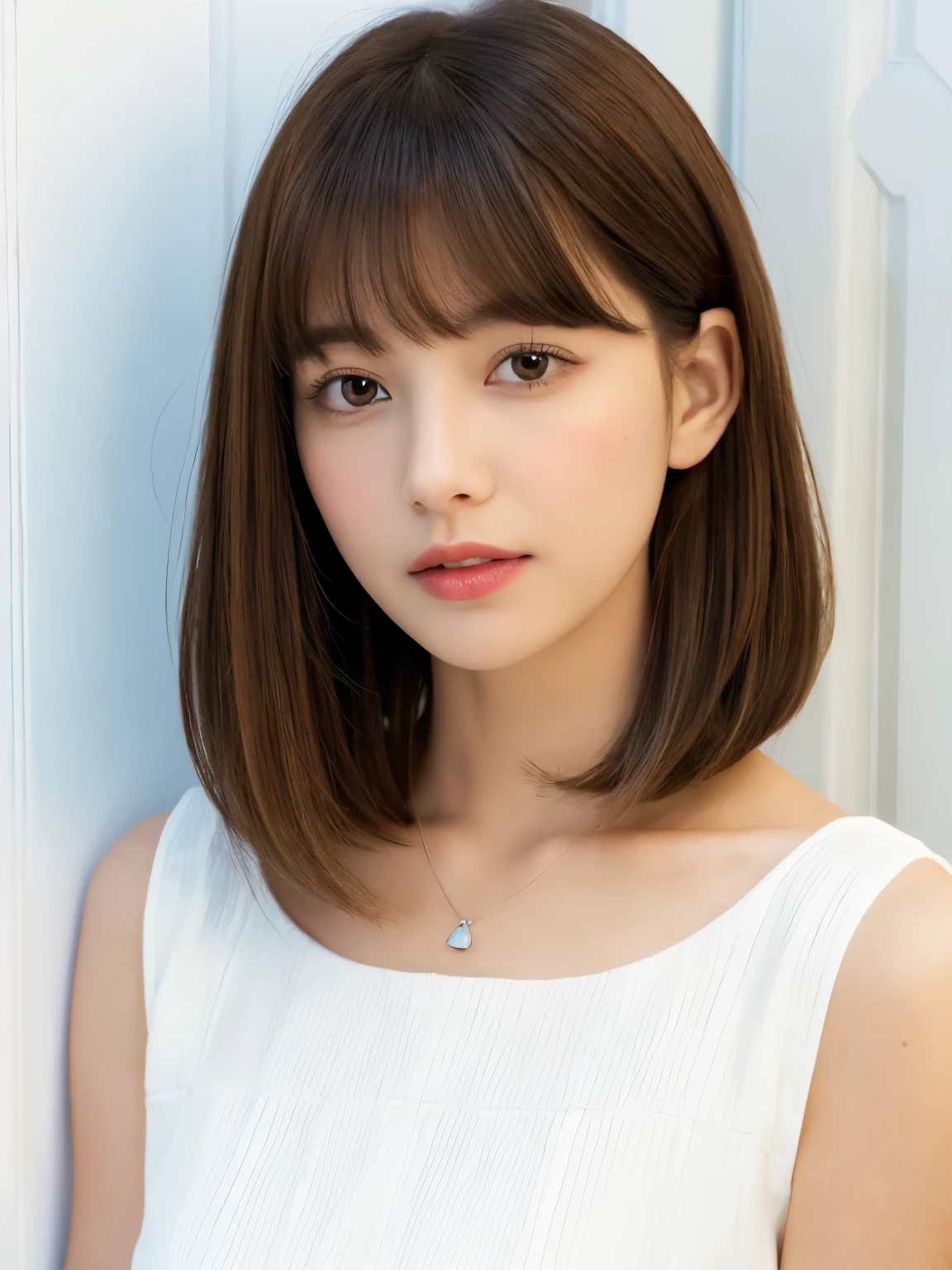 Close-up of a brown-haired woman in a white shirt, Shoulder-length hair,Layered Cut、Shoulder - Length hair, Medium length hair, Curtain bang, Medium Hair, with short hair, Princess Cut, Shoulder-length hair, 白Princess Cutの髪型, Korean symmetrical face, short~Medium Hair, Shoulder - Length, Neat hairstyle with bangs、White wall、In front of the white door、((窓のあるWhite wallの部屋))、Mr..々Pause、Simple Necklace、Don'Don'Don't look at the camera