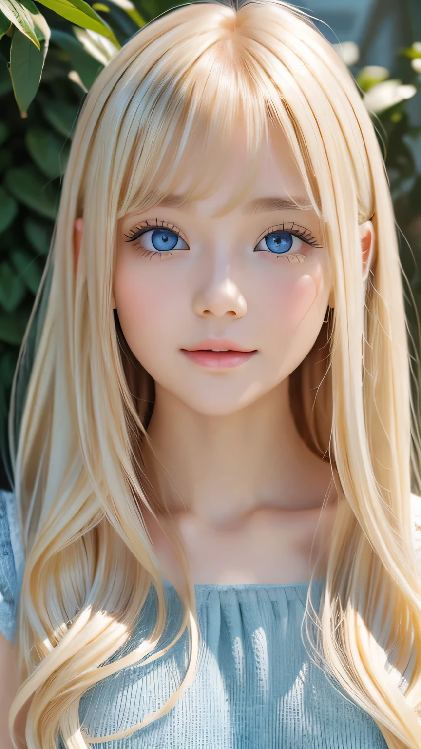 very beautiful blonde girl、Bangs falling over a very beautiful face、Beautiful bangs that cover the eyes、Big, bright, pale sky blue cute eyes、Very big eyes、Her face is hidden by her super long blonde hair、Sexy young woman with super long blonde shiny hair、Bright straight hair、Beautiful Face、Cheek gloss highlight、Very white, young and bright skin、Small Face Beauty、Round face、