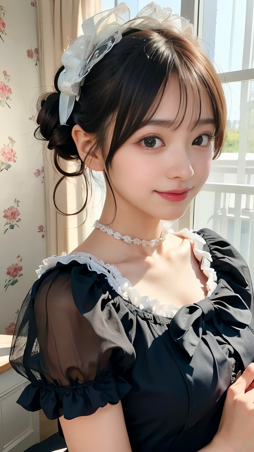 1 Nogizaka Musume、very cute、beautiful girl、19 years old、(Gothic Fashion)、Beautiful Face, Exquisite eye and skin detail、Fine, shiny black hair、Elegant frills、Frilled tie、Ribbon tie、Rose Hair Accessories、(Smiling for the camera)、(Cowboy Shot)、(European Seas)、Professional Lighting、break、(Realistic、Photorealistic:1.37)、8k、(masterpiece)、(highest quality:1.4)、(Ultra-high resolution:1.2)、 (RAW Photos:1.2)、(Delicate lace、Soft fabric、beautiful rose pattern dress)、Perfect Anatomy、Four fingers and a thumb、Seaside Background、(Wallpaper by Unity 8k)