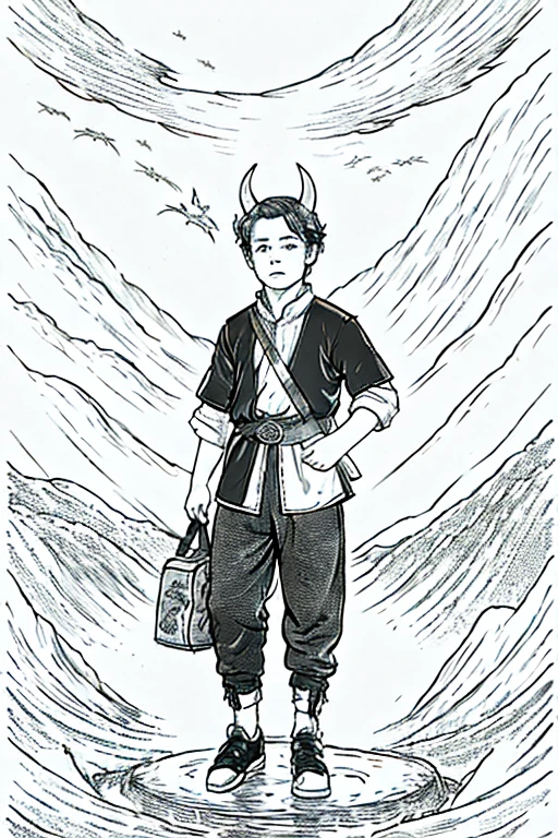A young boy dressed in a peasant outfit who has a leather bag with two small horns and three balls with dragon motifs floating around him.