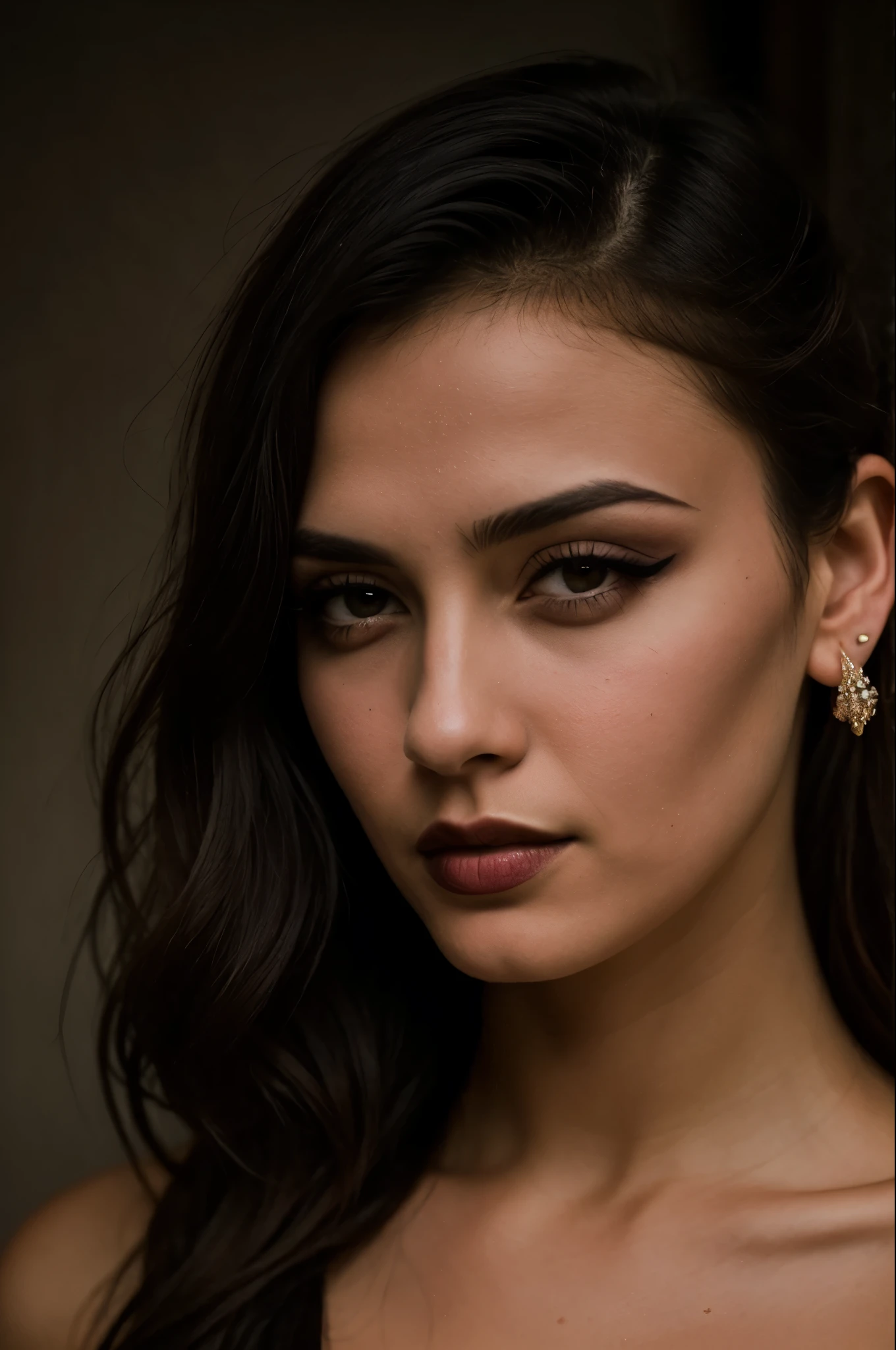 fechar-se, glamorous photograph of a random goth girl, Arco de cupido bem definido, queixo quadrado, angular features, sobrancelhas arqueadas, smokey eye makeup, escuro, mascara, delineador, Bochechas contornadas, poros da pele, pele brilhante, granulado, Chiaroscuro lighting, estilo de falha