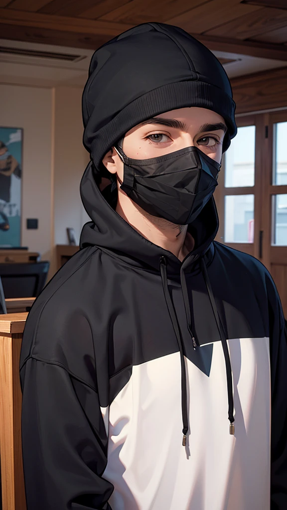indoor,A grown man,Wear a sweatshirt,A sweatshirt hat on his head,He also wore black sunglasses and a mask on his face