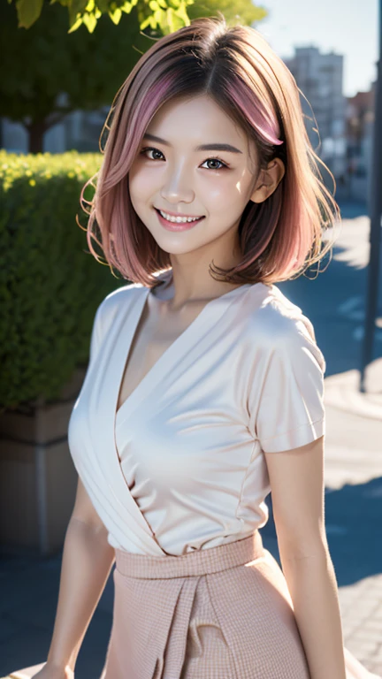 (8k, photorealistic, RAW photos, best image quality), Japan cute idol, face, 16 years old, attention to detail, double eyelids, big eyes, bright woman, smiling with teeth, mauve pink hair, short medium hair, masterpiece, very detailed and professional lighting, small bust, arms pose forward, gingham ruffle trim blouse, Pink beige satin wrap skirt, nice city with sea view