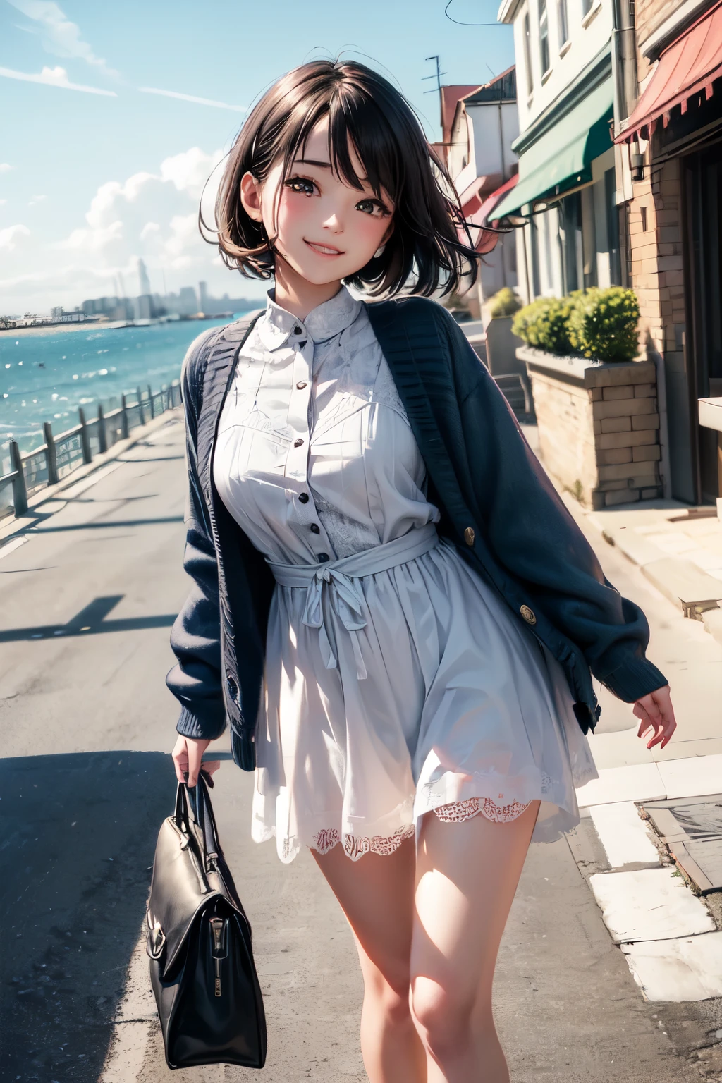 very cute and beautiful girl,(highly detailed beautiful face),
frilled white summer dress with detailed lace,(navyblue cardigan),standing,
road side of seaside town street,harbor,marina,beautiful summer sky,
(smile:1.2),happy,black hair,mid shot,holding cute fashion bag,detailed legs,
(best quality,masterpiece),absurdres,highres,ultra-detailed,extremely detailed,32k,8k resolution,
intricate details,cinematic scene,detailed background,solo,dynamic angle,