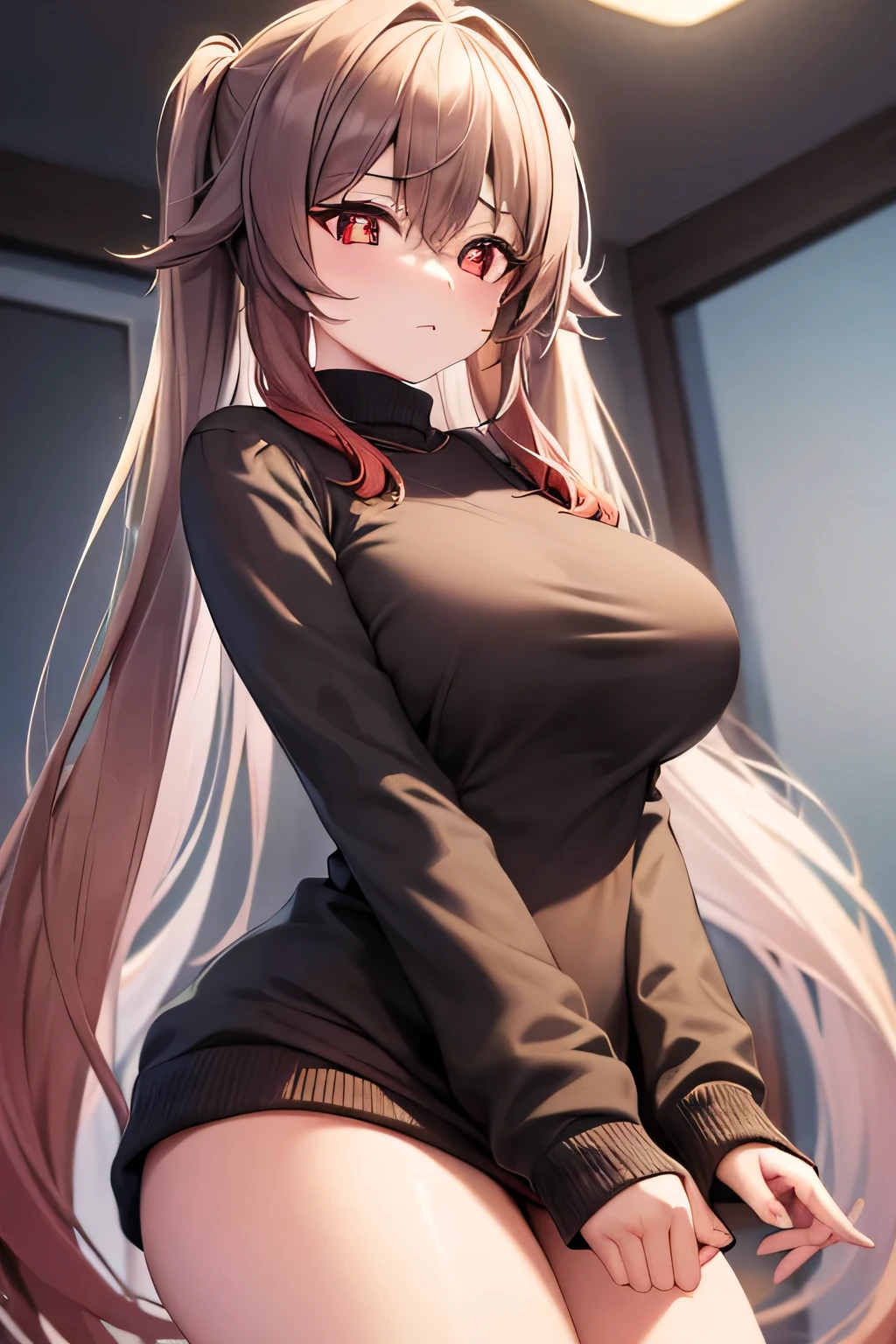 ((muste piece, best quality, High resolution, Depth of the bounds written, In 4K, Detailed Lighting, beautiful anime game girl)), 1girl, solo, hu tao (genshin impact), (wearing a black sweater 1.2) big breast, red eyes, in room background