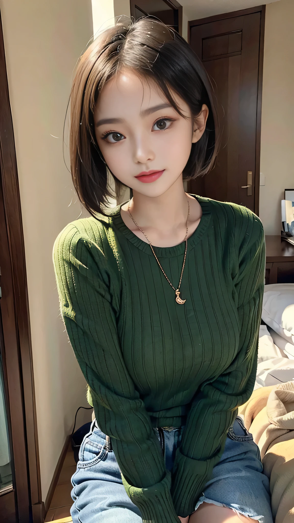 arafed asian woman Short hair and a green sweater, Young and adorable Korean face, Portraits of Korean female idols, beautiful young Korean women, Cute Korean Actresses, Short hair, South Korean actress, gorgeous young Korean women, Young and pretty Asian face, beautiful south Korean women, Korean symmetrical face, Girl cute beautiful face, Korean Girls, Korean women