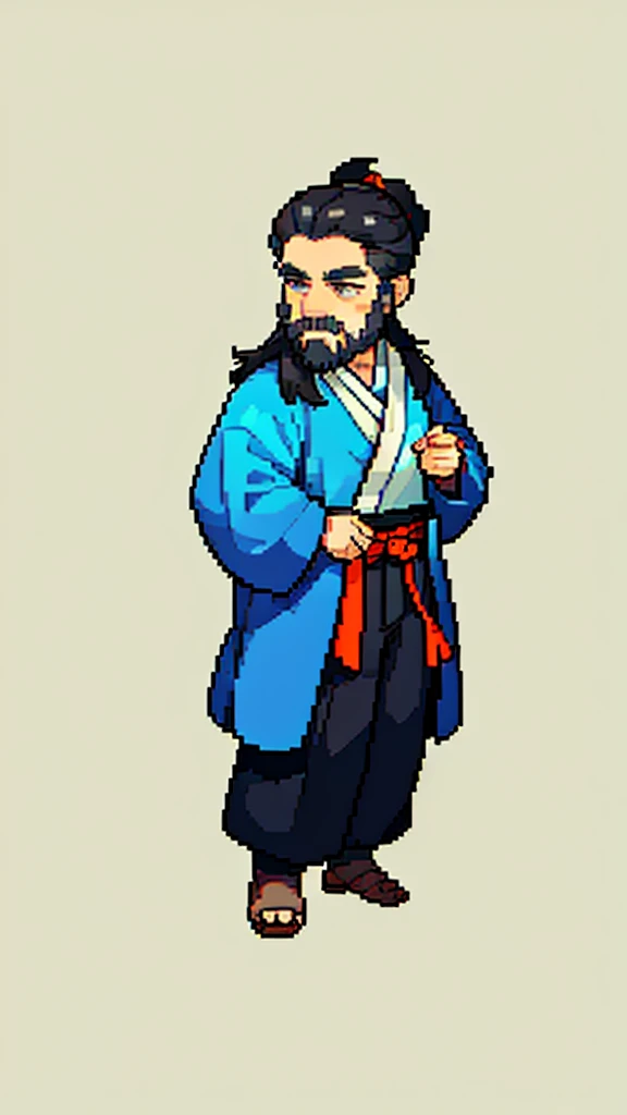 Old man in ancient Chinese costume、Wise Old Man、Looking into the camera、His hair is tied in a bun、Only one topknot、Long sleeve、Hanfu、Black Hair、Stand and pose、Pixel art、(masterpiece, highest quality, highest quality), pixel,pixel art,whole body,Characters in Romance of the Three Kingdoms、Transform、(beard)、Short Deformation、Old man with long beard