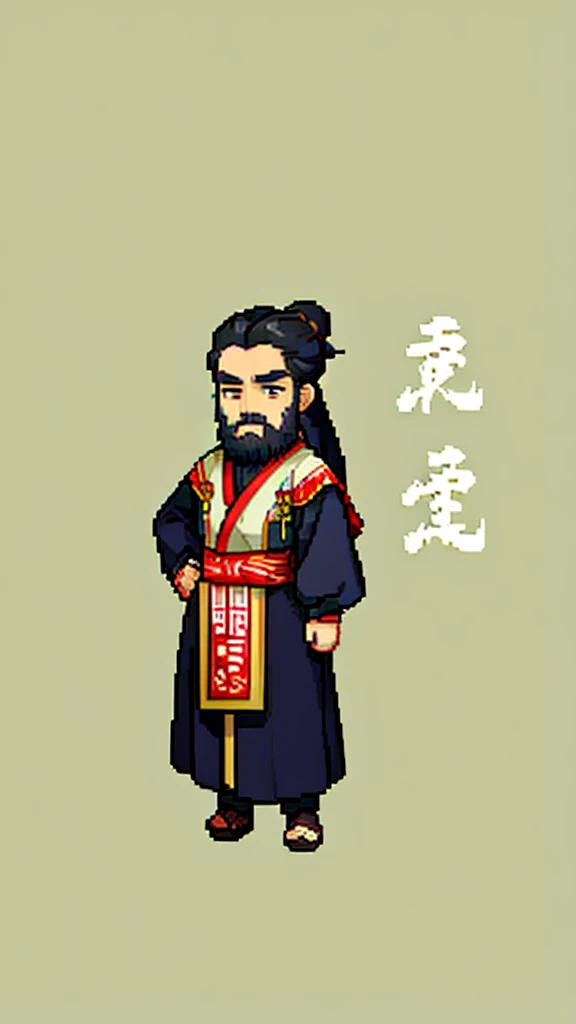Old man in ancient Chinese costume、Wise Old Man、Looking into the camera、His hair is tied in a bun、Only one topknot、Long sleeve、Hanfu、Black Hair、Stand and pose、Pixel art、(masterpiece, highest quality, highest quality), pixel,pixel art,whole body,Characters in Romance of the Three Kingdoms、Transform、(beard)、Short Deformation、Old man with long beard