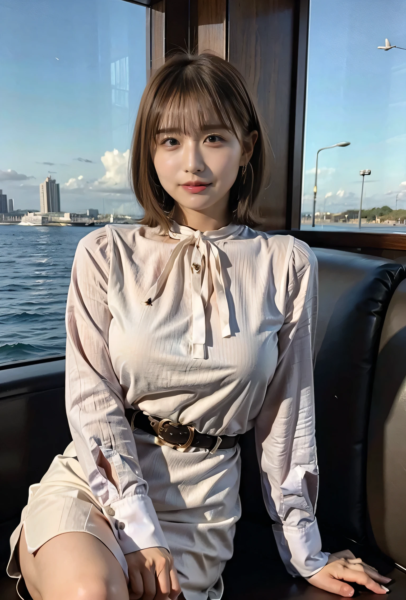 Blue-eyed woman、A woman with a cute upward gaze、When the sky turns dark、The sky turns reddish due to sunset、Tight clothing that shows your body line、The collar of his shirt is open obscenely、Gorgeous white collared silk shirt and brown skirt、Luxurious genuine leather belt、Dress elegantly着こなす、Luxury Bags、、((short hair:1.4))、Skyscrapers seen across the sea、Manhattan Island is visible offshore、A woman on a pleasure boat、Side Ponytail、The sun shines on her、No sleeve、Light brown hair、Light brown hair、The sky was dyed red、There are clouds、It's cute、A woman in elegant clothing is sitting on a boat and watching the sunset、Her huge breasts are obvious even through her clothes.、The shining sun is so beautiful、Dusk is coming、Lens flare、I can see the sun setting、((Sunlight reflecting off the ocean、Ocean View、The sun shines on the sea、'beautiful.、Small earrings、It'evening、Birds are also flying、、Brown Hair Color、Tie your hair、The woman is on the right:1.4))、Luxury Leather Belts、Shiny clothes、Light beige hair color、Background Blur、Braid only the front hair、Light brown hair、{{Cowgirl Shot}}、((Close-up shot from the waist up、Big Breasts:1.4))、Big Breasts、Smile、Silk clothing、Big Breasts that can be seen even through clothes、Braid only the front hair、Cowboy Shot、Gorgeous white collared silk shirt and brown skirt、Dress elegantly、Luxury Bags、A lovely smile、((airplane in the background、I'Coming to the airport))、Full body photo、ring、Short skirt、Tuck your hair behind one ear、Silver Necklace、smile、 Elegant ponytail、Caustics、Highly detailed photos、Very beautiful and ideal short hair、Big Breasts、Super no makeup、(8k、RAW Photos、highest quality、masterpiece:1.2)、(Realistic、Realistic)、1 girl、((Big Breastsshort hair、Looking into the camera:1.4))、Hair blowing in the wind