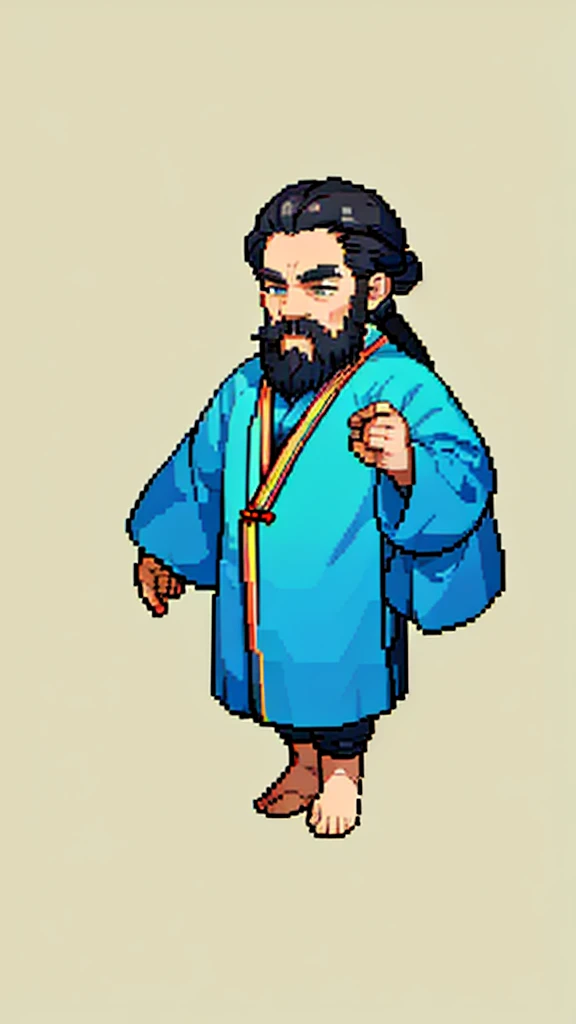 Old man in ancient Chinese costume、Wise Old Man、Looking into the camera、His hair is tied in a bun、Only one topknot、Long sleeve、Hanfu、Black Hair、Stand and pose、Pixel art、(masterpiece, highest quality, highest quality), pixel,pixel art,whole body,Characters in Romance of the Three Kingdoms、Transform、(beard)、Short Deformation、Old man with long beard