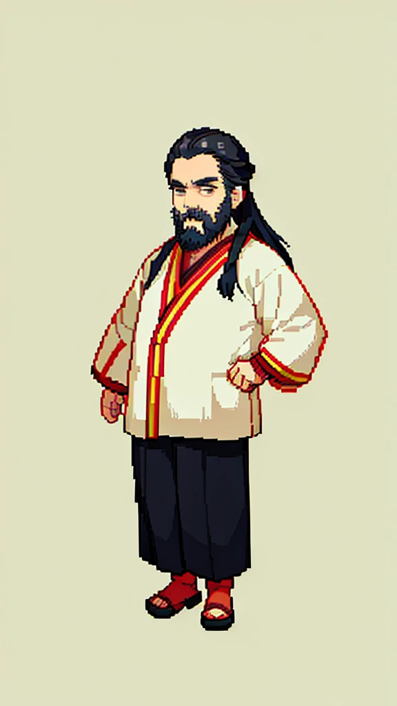 Old man in ancient Chinese costume、Wise Old Man、Looking into the camera、His hair is tied in a bun、Only one topknot、Long sleeve、Hanfu、Black Hair、Stand and pose、Pixel art、(masterpiece, highest quality, highest quality), pixel,pixel art,whole body,Characters in Romance of the Three Kingdoms、Transform、(beard)、Short Deformation、Old man with long beard