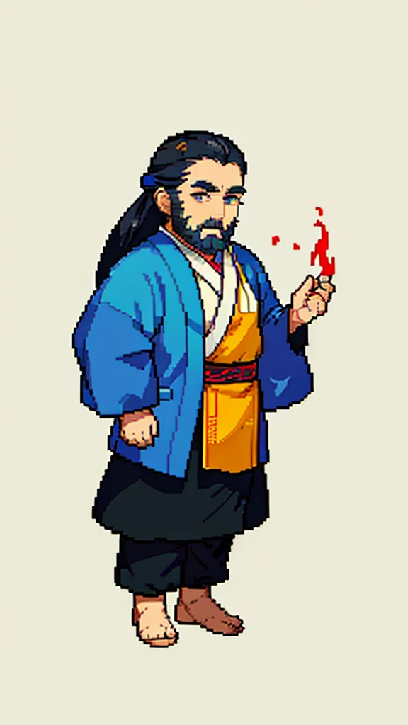 Old man in ancient Chinese costume、Wise Old Man、Looking into the camera、His hair is tied in a bun、Only one topknot、Long sleeve、Hanfu、Black Hair、Stand and pose、Pixel art、(masterpiece, highest quality, highest quality), pixel,pixel art,whole body,Characters in Romance of the Three Kingdoms、Transform、(beard)、Short Deformation、Old man with long beard